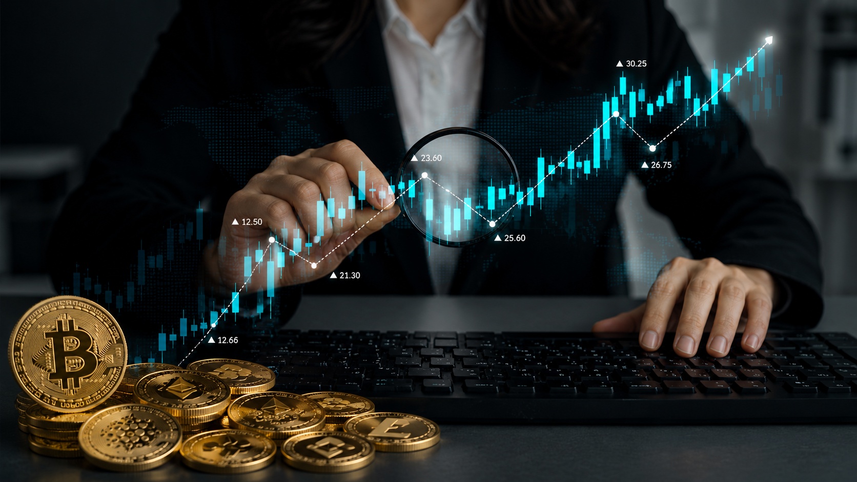 Investitorka analizira rast kriptovaluta na grafikonu pored Bitcoin i altcoin novčića