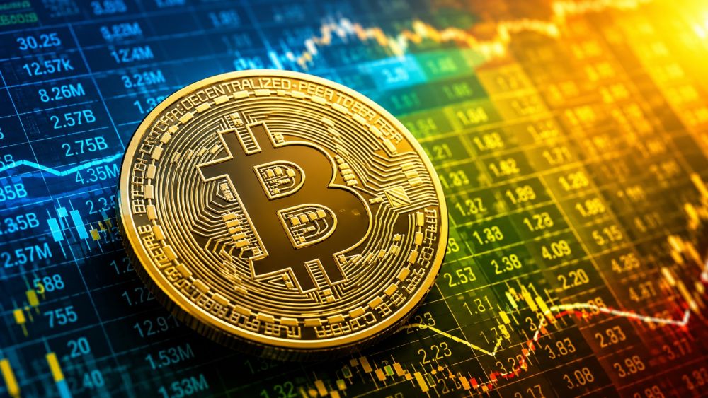 Bitcoin novčić ispred berzanskih grafikona i podataka o rastu tržišta