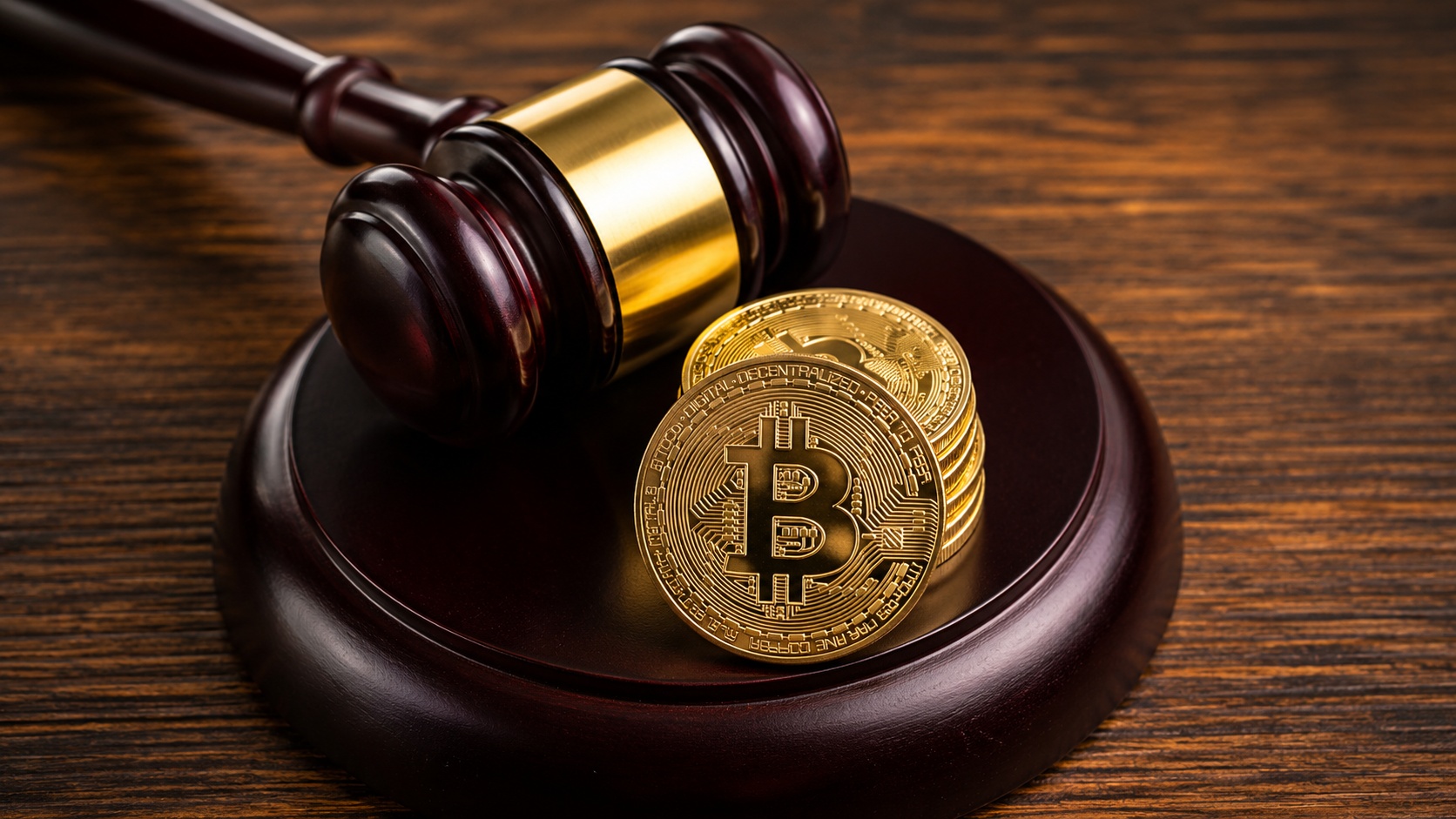 Bitcoin kriptovalute pored sudijskog čekića koji simbolizuje regulativu i zakone