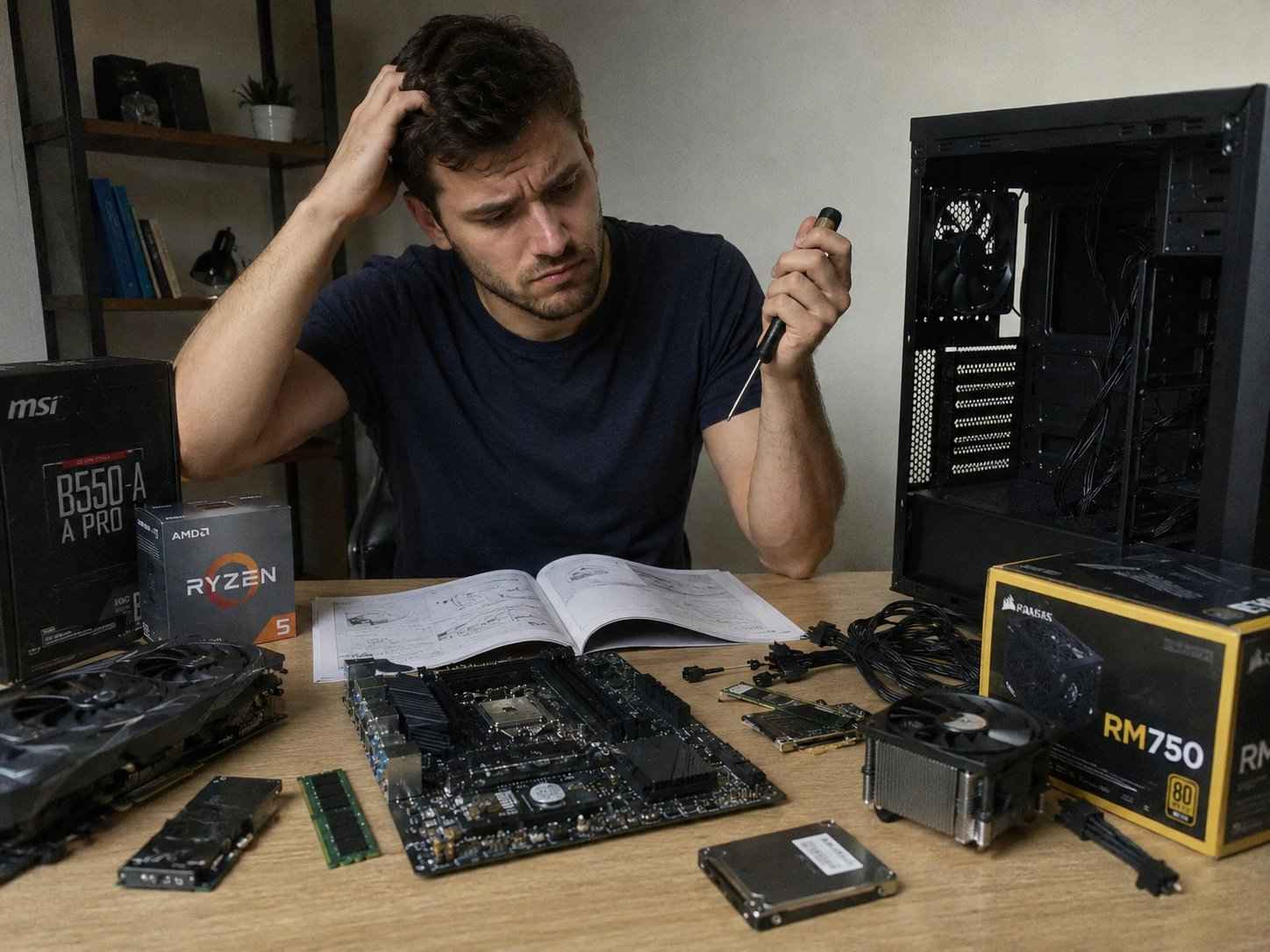 Momak pokušava da sastavi računar od različitih komponenti