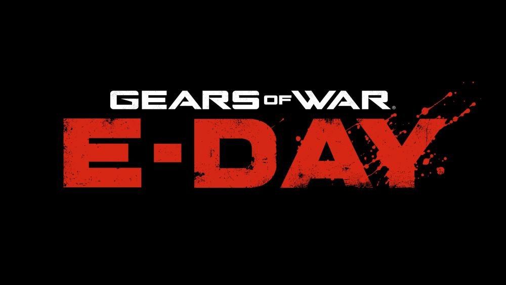 Crveno-beli logotip igre Gears of War: E-Day na crnoj pozadini.