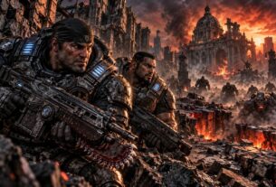 Marcus Fenix i Dominic Santiago bore se protiv Locusta u razorenom gradu u igri Gears of War: E-Day.