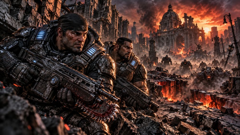 Marcus Fenix i Dominic Santiago bore se protiv Locusta u razorenom gradu u igri Gears of War: E-Day.